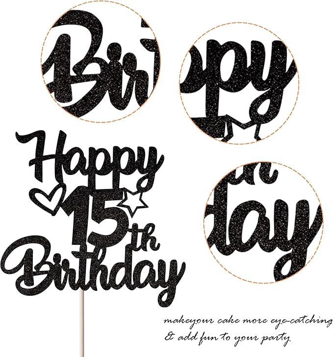 1 Pack Happy 15th Birthday Cake Topper Glitter Heart Star 15 Fabulous Cake Pick Birthday Sign Cake Decorations for Children 15th Birthday Theme Party Supplies Black