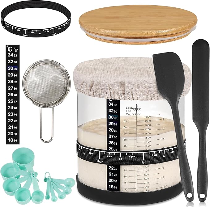 Large Sourdough Starter Jar 66 oz,Sourdough Starter Kit Wide Mouth with Ounce&ML Scale Line,Date Marked Feeding Band, Thermometer, Sourdough Jar Scraper, Cloth Cover & Bamboo Wood Lid (BLACK-66OZ/2L)