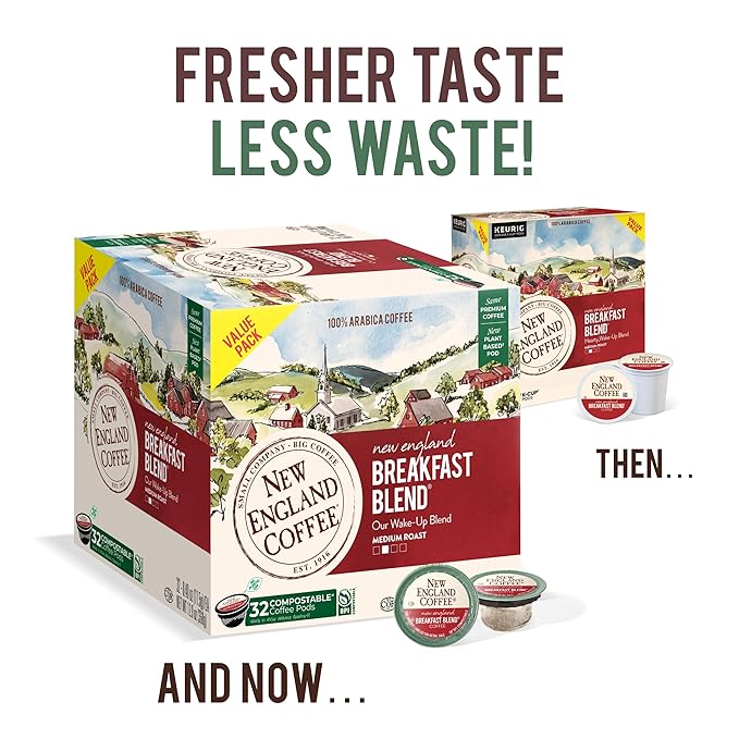 New England Coffee Breakfast Blend Medium Roast Single Serve Pods, 32ct Box (Pack of 4)