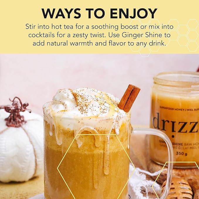 Drizzle Ginger Shine Raw Honey - All Natural Pure Raw Honey with Organic Ginger, Unfiltered & Unheated, Use in Tea & Coffee, Sugar Substitute, Certified Kosher - 13.2 oz Jar (375 g), Pack of 2