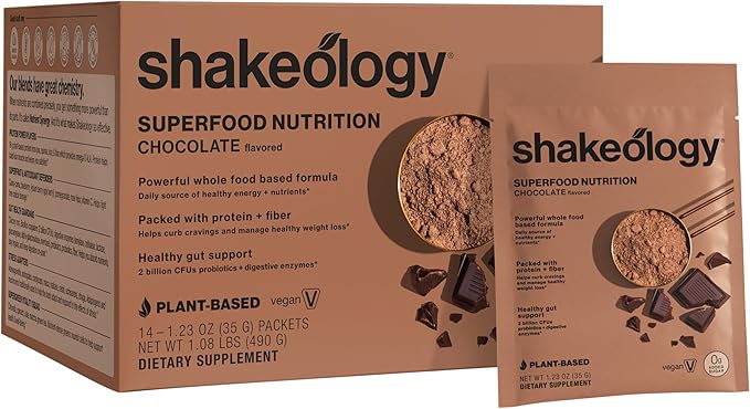Shakeology 0g Added Sugar Plant-Based Vegan Protein Powder ??Gluten-Free Superfood Shake with Vitamins & Minerals ??Helps Support Healthy Weight Loss & Gut Health, Chocolate, 14 Individual Packets
