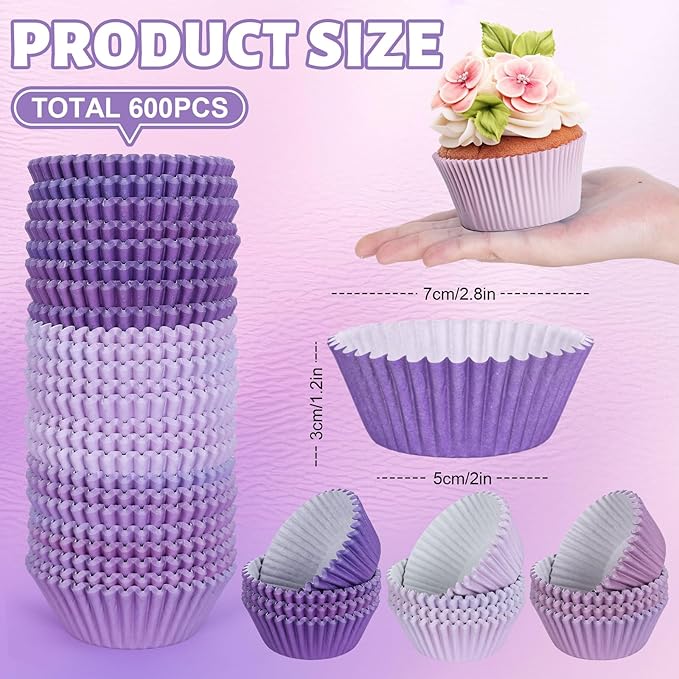 Whaline 600Pcs Purple Cupcake Liners Gradient Purple Baking Cups Cupcake Wrappers Muffin Liners for Celebration Gathering Wedding Bridal Shower Birthday Party Supplies Decor