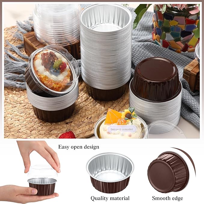 Gejoy 400 Pcs Aluminum Foil Baking Cups with Lids 5 oz Disposable Ramekins Mini Cake Pans Creme Brulee Cupcake Liners Muffin Tins Flan Mold Dessert Container for Wedding(Brown,Classic)
