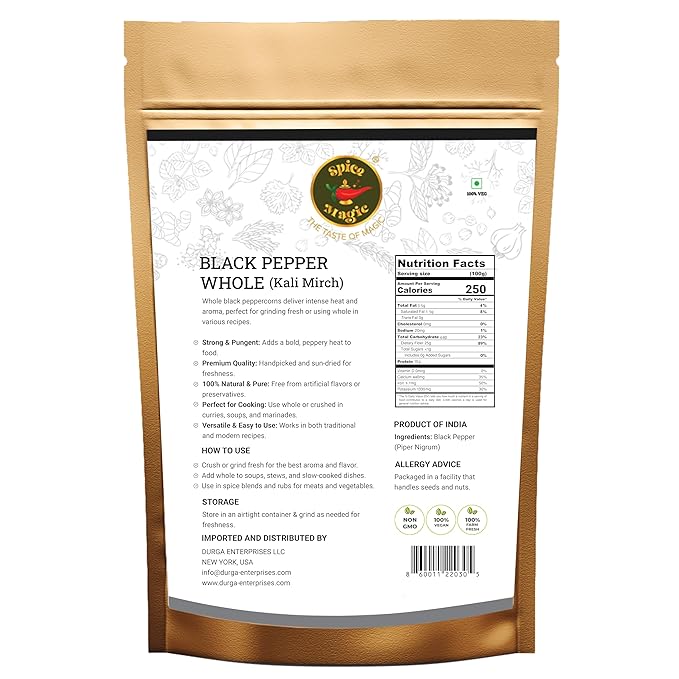 Spice Magic Black Tellicherry Peppercorns - Premium Quality, Fresh & Bold Flavor, Non-GMO, Perfect for Grinders & Cooking Indian Origin 7oz (200g)