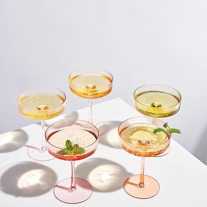 Khen Pastels Colored Vintage Art Deco Coupe Glasses - Martini, Cocktail & Champagne Ribbed Glasses 7oz | Set of 5 | Bright Pastel Crystal Glassware, Goblet Cocktails, Stemmed Ripple Glassware Gifts