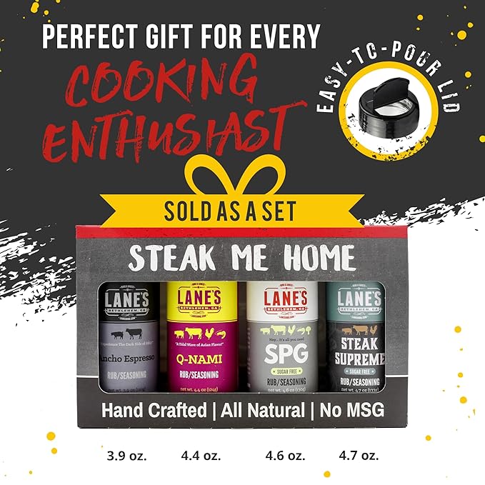 Lane's Steak Me Home BBQ Seasonings and Rubs Gift Set, All-Natural 4 Rubs Seasoning Kit of Q-Nami Seasoning Set, Ancho Espresso Rub, & Scorpion Rub