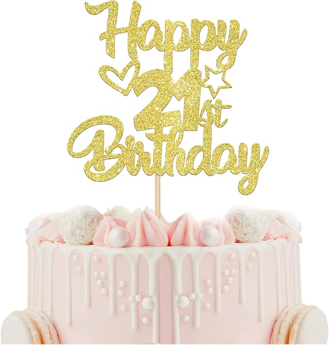 1 Pack Happy 21st Birthday Cake Topper - Glitter Heart Star 21 Fabulous Cake Pick - Black