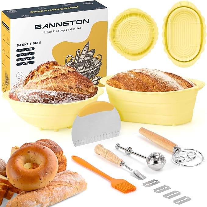 Neddie Upgraded Silicone Banneton Bread Proofing Basket, Sourdough Bread Baking Supplies Set of 2,9 Inch Round & 10 Inch Oval Foldable Sourdough Baking Baskets, Sourdough Starter Kit(Beige)