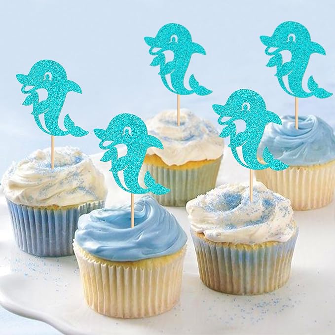 24 PCS Dolphin Cupcake Topper Ocean Themed Party Dolphin Cupcake Decorations Baby Shower Birthday Party Decorations