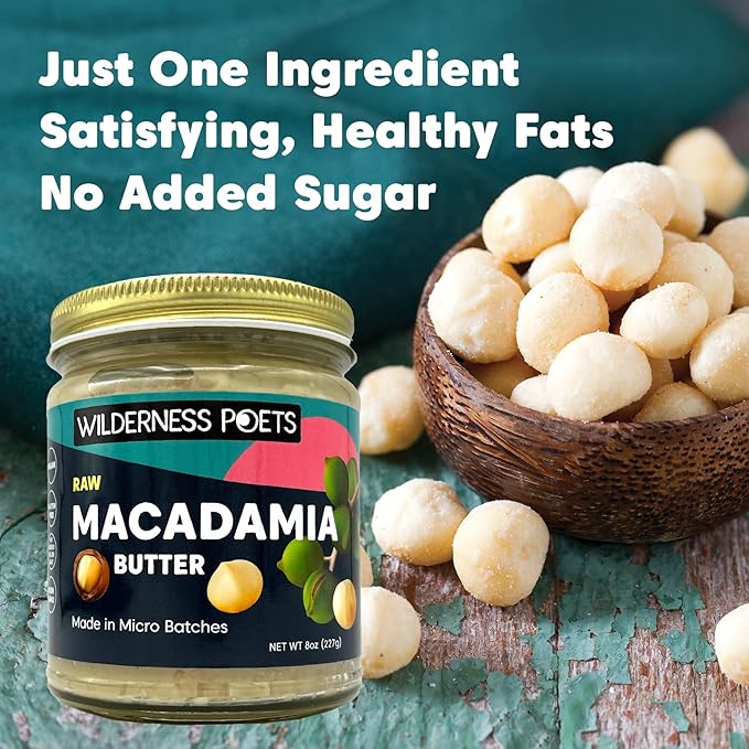 Wilderness Poets, Raw Macadamia Nut Butter - 3 Pack (8 Ounce Jars) - Vegan, No Salt - Glass Jars
