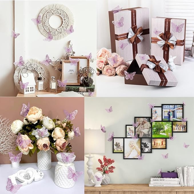 72 Pcs Butterfly Decorations, 3 Sizes 3 Styles, 3D Butterfly Wall Decor, Party Decorations, Birthday Decorations, Butterflies for Crafts, Cake Decorating, Wall Stickers Room Decor, Pale Plum