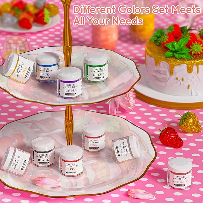 Luster Dust Edible Set - 2 Colors Food Grade Cake Dust Shimmer Powdered, Cherrysea Powder Food Coloring for Cocktails, Cookie Decorations, Cake, Drinks, Fondant, Candy - 4g/Bottle - Black+Purple