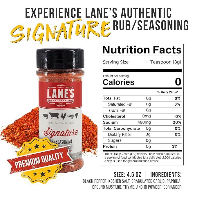Lane's Signature BBQ Seasoning Rub, 4.6 oz - All-Purpose BBQ Rub for Smoking, Grilling & Cooking - All Natural, Gluten Free, Sugar-Free Meat Spice for Beef, Chicken, Pork - Made in USA