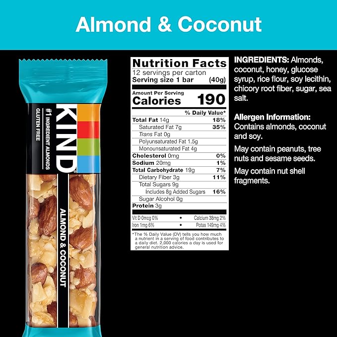 KIND Nut Bars, Almond & Coconut, Healthy Snack Bars, Gluten Free, Low Sodium, 3g Protein, 24 Count