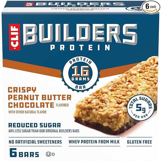 CLIF BUILDERS Protein Bars - Crispy Peanut Butter Chocolate Flavored - Reduced Sugar - Gluten Free - 16g Protein - No Artificial Sweeteners - 1.97 oz. (6 Pack)