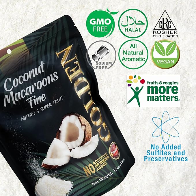 Golden Premium Quality Fine Coconut Macaroons - 12 oz (340 g) | Natural, No Additives, No Added Sugar | Resealable Pouch & Nutritious Snack | Perfect For Baking, Cooking & Smoothies
