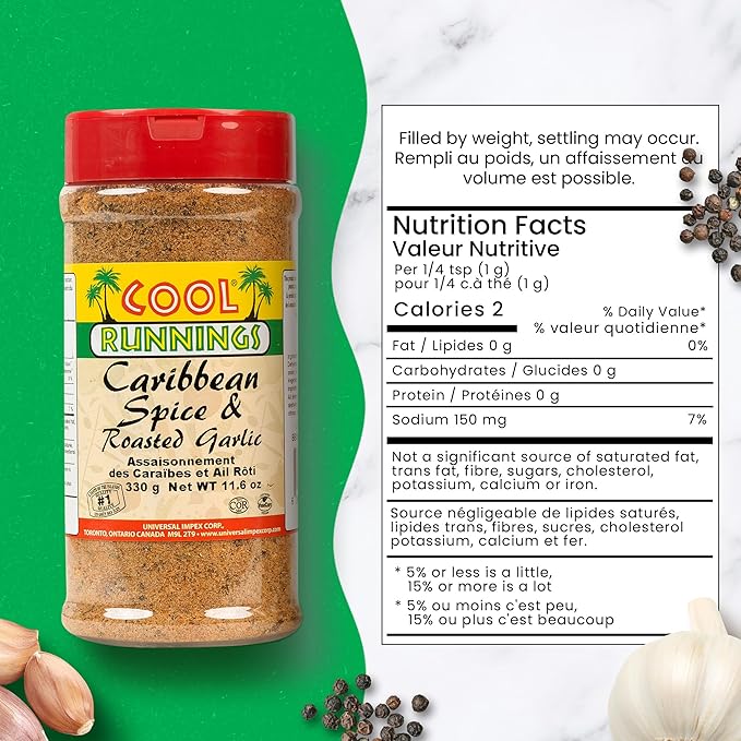 Cool Runnings Caribbean Spice & Roasted Garlic 330g - Used for Grilling, Roasting, and Marinating Meats, Seafood, and Vegetables, Perfect for Rotisserie Chicken