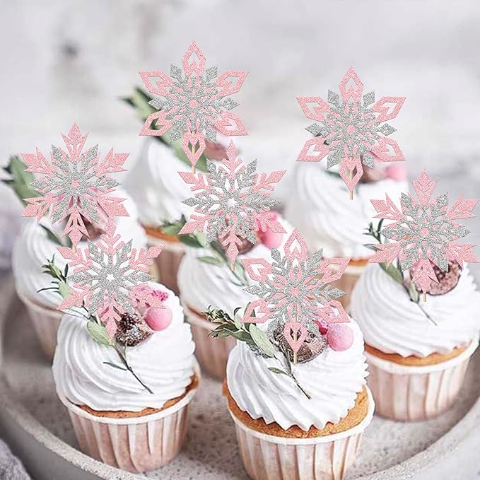 Rsstarxi 24 Pack Pink Snowflake Cupcake Toppers Double Layered Silver Snowflake Cupcake Picks Decoration for Winter Frozen Theme Baby Shower Wedding Birthday Christmas Party Cake Decorations