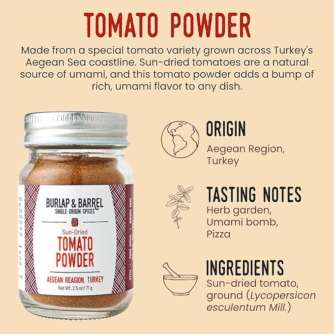 Burlap & Barrel Sun-Dried Tomato Powder - Add Deep Umami & Savory Tanginess to Dishes - for Popcorn, Fried Chicken, Sauces & Salads - As seen on Shark Tank - 2.5oz Glass Jar