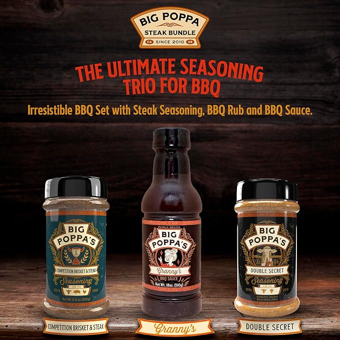 Big Poppa's Steak Bundle – Irresistible BBQ Set Featuring Steak Seasoning, BBQ Rub & Sauce – Ultimate Spice Trio for Grilling Enthusiasts - Perfect for Steaks, Ribs, and Brisket