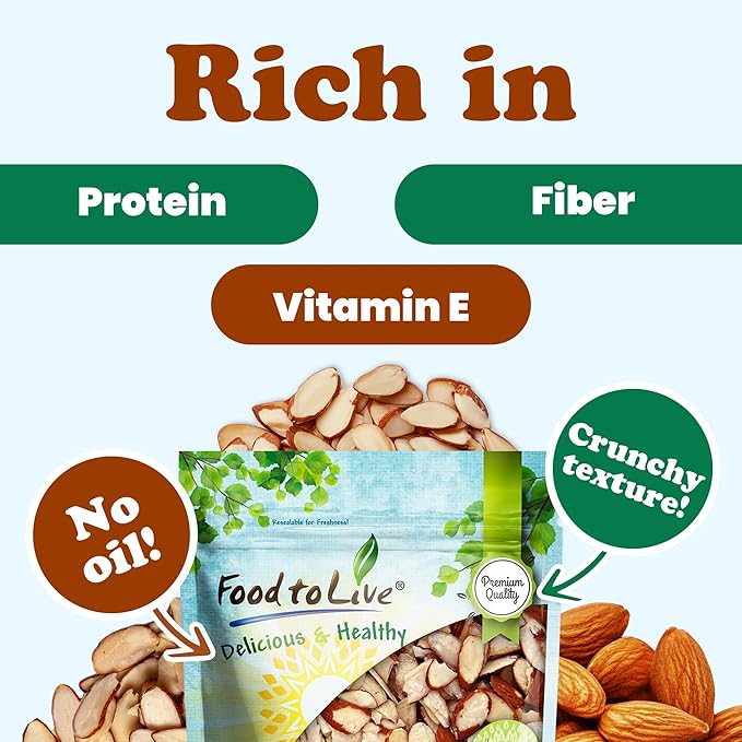 Food to Live Dry Roasted Natural Sliced Almonds with Himalayan Salt, 6 Ounces – Unblanched Nuts, Oven Toasted, Lighly Salted, No Oil Added, Perfect for Cooking, Baking and Snacking, Vegan, Kosher, Bulk
