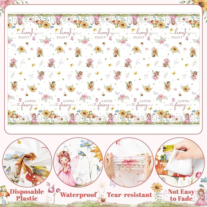 Fairy Party Tablecloths - 3Pcs A Little Fairy Party Table Covers Decorations, Floral Girls Themed Rectangular Plastic Disposable Table Cloth Decor for Kids Girls Birthday Baby Shower Supplies