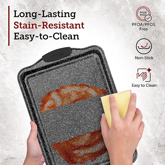 BAKKEN Kitchen Baking Pans - Medium (15.15 × 10.03") and Large (17.1 x 11.8") Nonstick Sheets, Carbon Steel Cookie Sheets with Red Silicone Handles, PFOA, PFOS, PTFE Free, Oven Safe (450°F), Set of 2