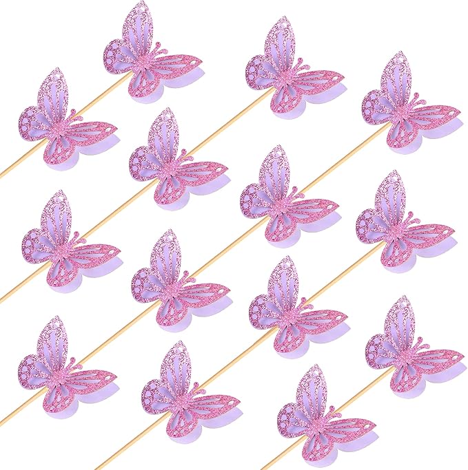 36PCS Butterfly Cupcake Toppers 3D Double Layers Hollow Cupcake Picks Baby Shower Cake Decorations Supplies for Butterfly Theme Wedding Anniversary Kids Birthday Party Purple
