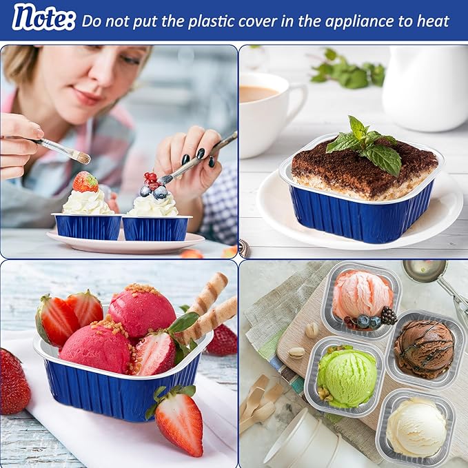 Aoriher 150 Pieces 10 oz Mini Cake Pans with Lids Aluminum Foil Baking Cups Square Disposable 4" x 4" Large Cupcake Cups Baking Tins for Kitchen Brownie Pudding Desserts Holders(Sapphire Blue)