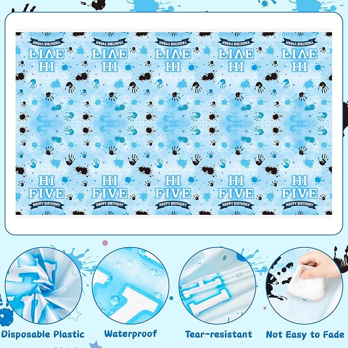 3Pcs Hi Five Party Tablecloths - Blue High 5 Year Old Party Table Covers Decorations 5th Birthday Rectangular Plastic Disposable Table Cloth Decor for Kids Five Years Old Birthday Baby Shower Supplies