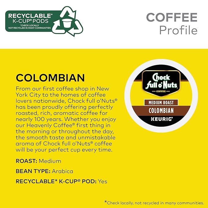 Chock full o’Nuts Colombian Keurig K-Cup Pods for Keurig Brewers – Premium Arabica, Medium Roast – Single Serve – 4 Packs of 24 K-Cup Pods