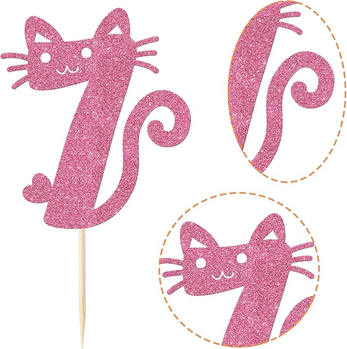 1 Pack 7th Cake Topper Glitter Cat Birthday Cake Pick Cute Pet Cat Cake Decoration for Cat Theme Baby Shower Kids Seven Birthday Wedding Party Cake Decorations Supplies Pink