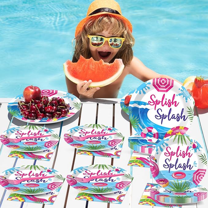 96Pcs Pink Splish Splash Plates and Napkins Summer Pool Birthday Party Decorations Splish Splash Bash Dessert Plates Summer Beach Tableware for 24 Guests Girls Hawaiian Party Supplies