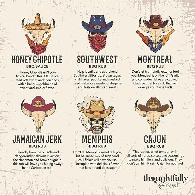 Thoughtfully Gourmet, Wild Western-Themed BBQ Sauce and Rubs Book Gift Set, Includes Honey, Montreal Rub & More, Set of 12