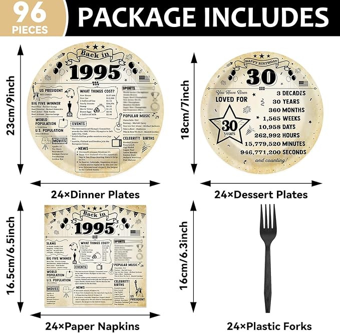 96Pcs Back in 1995 Birthday Plates and Napkins 30th Party Decorations Vintage 30 Year Old Party Dessert Plates 1995 Tableware for 24 Guests 30th Theme Men Women Birthday Supplies