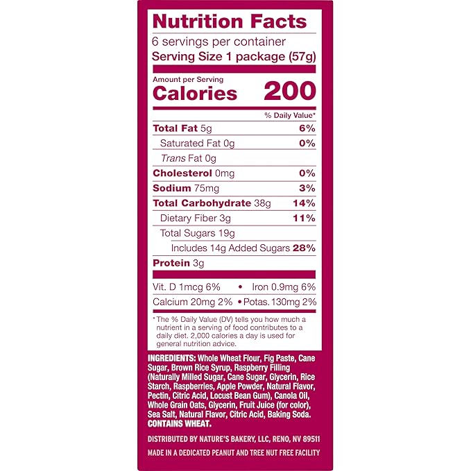 Nature?™s Bakery Whole Wheat Fig Bars, Raspberry, Real Fruit, Vegan, Non-GMO, Snack bar, 6 Count (Pack of 6)