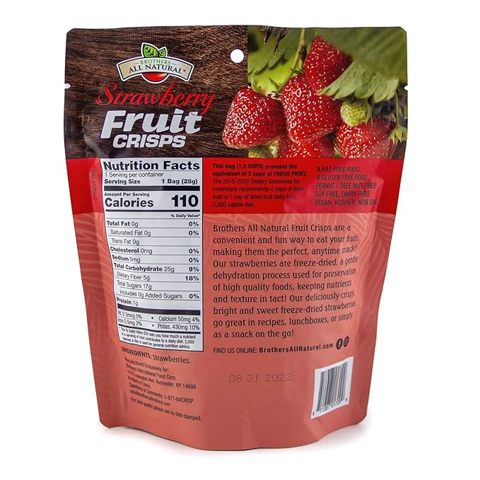 Brothers All Natural Freeze Dried Fruit Crisps, Strawberry, 1 Oz (Pack of 8), Made with 100% Fruit, Gluten Free, Soy Free, Vegan, Heathy Snack, Resealable Pouch