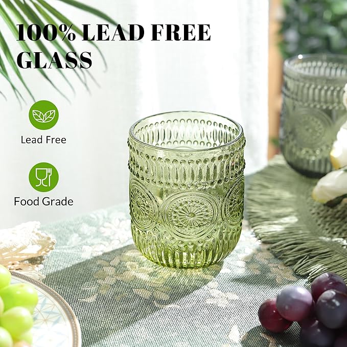 Joeyan Vintage Drinking Glasses Set of 4,9 oz Green Embossed Sunflower Small Water Glass Tumbler Cups,Colored Romantic Beaded Glassware for Beverages Cocktail Juice Wine,Dishwasher Safe