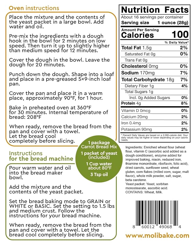 Molibake Carrot Bread Mix ??Pack of 2 - All-Natural Baking Mix for Bread Machine and Oven - 15 oz Mix with Dried Carrots, Oat Flakes, Sunflower Seeds - Easy-to-Use Breads Maker Mix for Homemade Baking