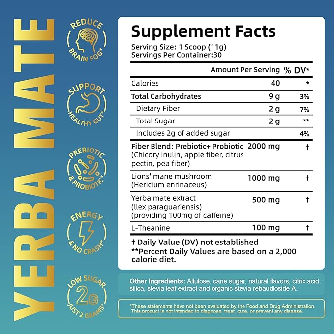 Yerba Mate Instant Tea Powder, Super Yerba MateTea for Natural Energy & Gut Health, Reduce Brain Fog, Low Sugar Yerba Mate Tea with Prebiotics and Probiotics, Peach Mango 30 Servings