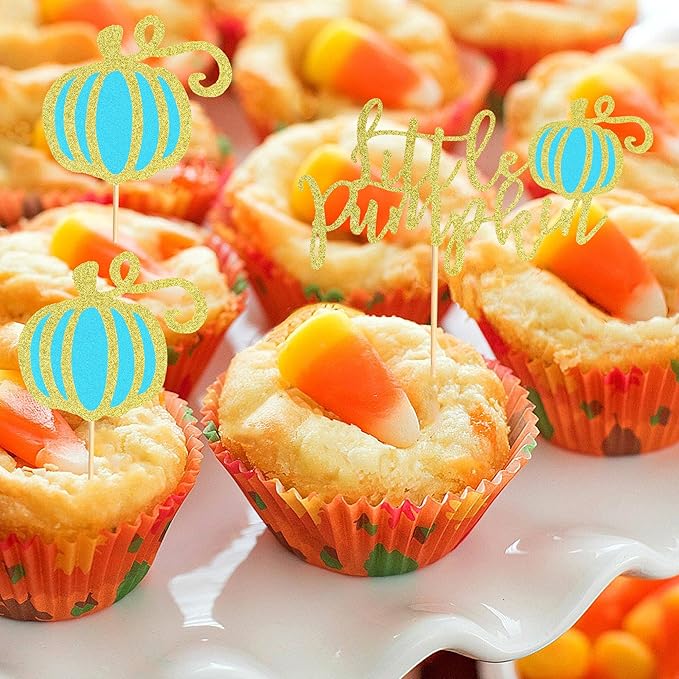 24Pcs Little Pumpkin Cupcake Toppers Fall Pumpkin Cupcake Picks for Thanksgiving Halloween Baby Shower Kids Birthday Party Cake Decorations Supplies - Bule Glitter