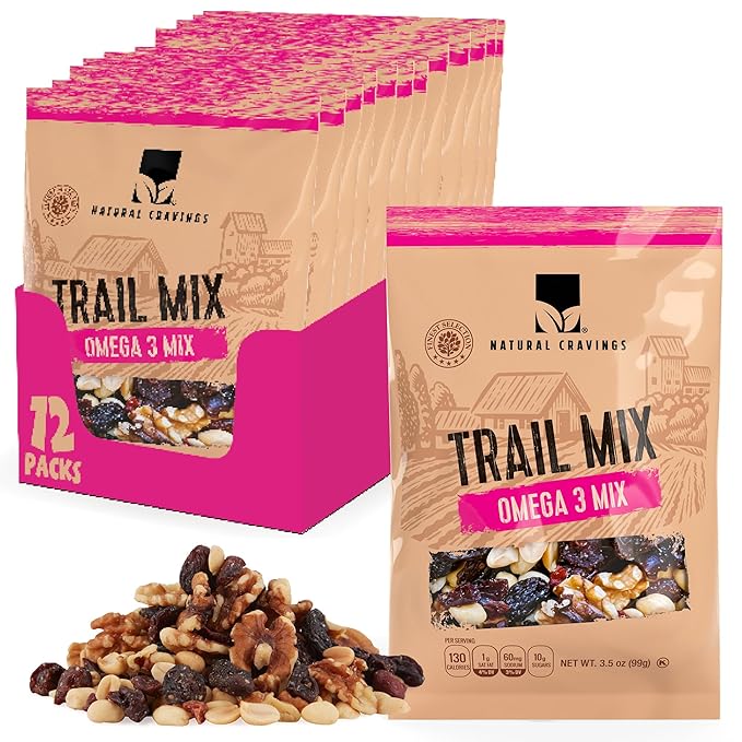Natural Cravings Trail Mix Snack Dried Fruit Mix & Nuts Mix with Chocolate Chips, Peanuts, Cranberries, Raisins, Walnuts, Tropical Fruits (12 Pack, Omega 3 Mix)