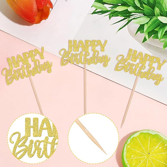 30 PCS Happy Birthday Cupcake Toppers Glitter Happy Birthday Cupcake Picks for Celebrating Anniversary Theme Party Cake Decorations Supplies Gold