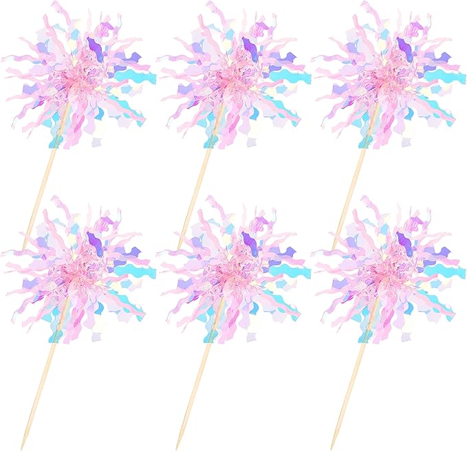 30 PCS Foil Firework Cupcake Toppers Sparkle Tinsel Cupcake Picks Happy Birthday Cake Toppers Drink Stirrers Cocktail Food Fruit Toothpicks for Baby Shower Wedding Party Decorations Supplies Pink