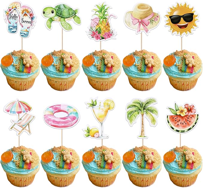 40 PCS Summer Beach Pool Cupcake Toppers Watermelon Slippers Sun Plam Tree Pineapple Tortoise Umbrella Cupcake Picks Beach Pool Party Cake Decorations for Summer Hawaii Theme Birthday Party Supplies
