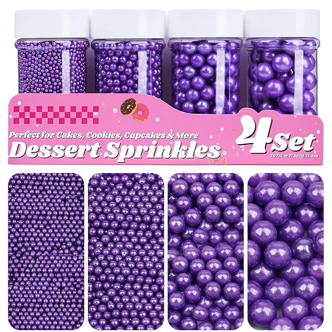 Purple Pearl Sprinkles for Cake Decorating, 11.3 Oz Edible Pearls Sugar 4 Sizes Gift Box Set for Baking Cookie Ice Cream Cupcake Toppings