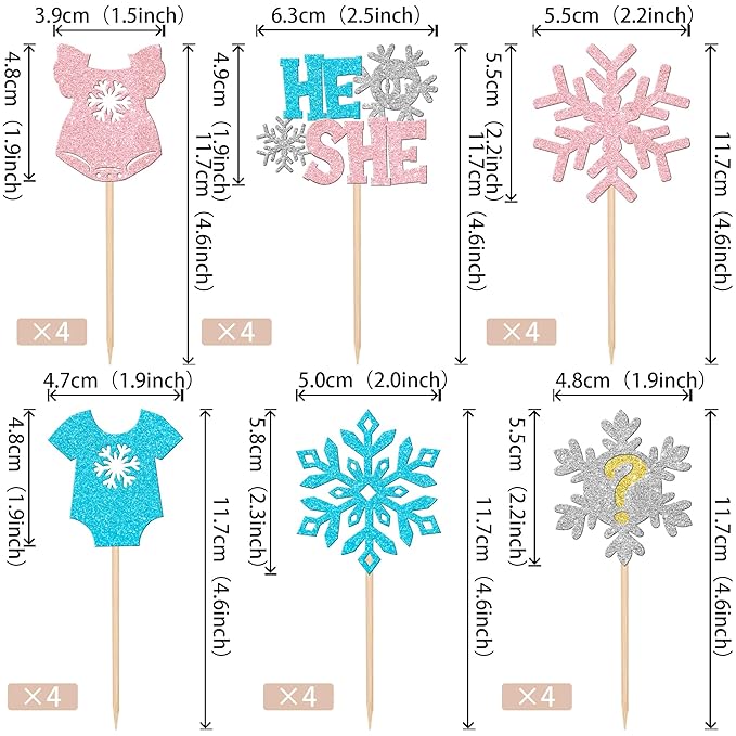 24 PCS Snowflake Gender Reveal Cupcake Toppers Pink Blue Glitter He or She Snowflake Cupcake Picks Boy or Girl Cake Decorations for Gender Reveal Theme Baby Shower Kids Birthday Party Supplies