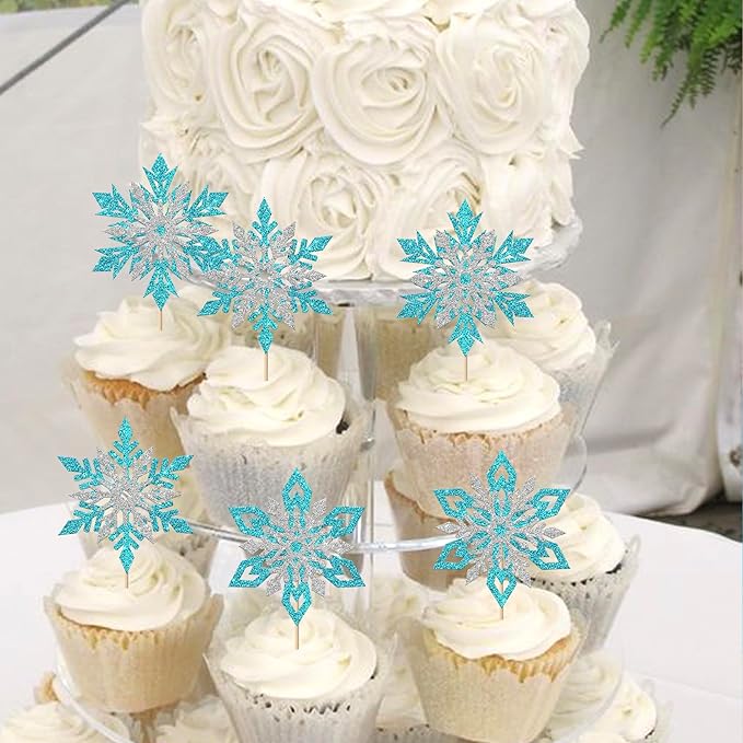 Rsstarxi 24 Pack Blue Snowflake Cupcake Toppers Double Layered Silver Snowflake Cupcake Picks Decoration for Winter Frozen Theme Baby Shower Wedding Birthday Christmas Party Cake Decorations