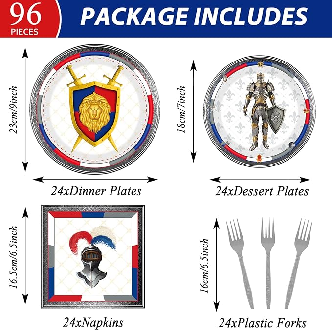 chiazllta 96 Piece Medieval Party Decorations Castle Birthday Paper Plates and Napkins Knights Party Birthday Supplies Favors for Boys and Girls, Medieval Party Decor Serves 24