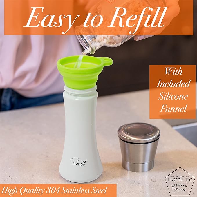 HOME EC Stainless Steel Salt and Pepper Grinder Set of 2 - Adjustable Ceramic Sea Salt Grinder & Pepper Grinder - Glass Salt and Pepper Shakers - Pepper Mill & Salt Mill W/Funnel - Black and White